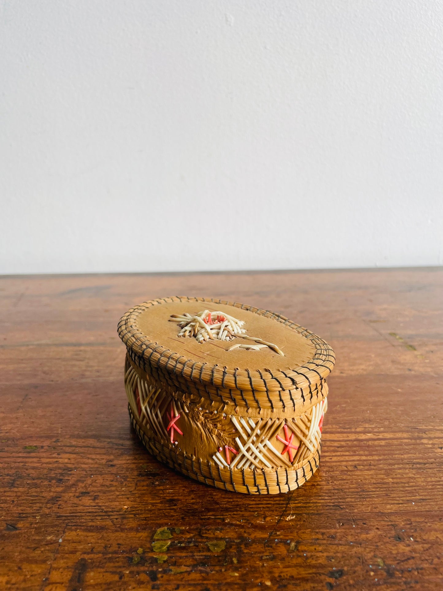 Indigenous Birch Bark & Porcupine Quill Oval Shaped Box with Lid