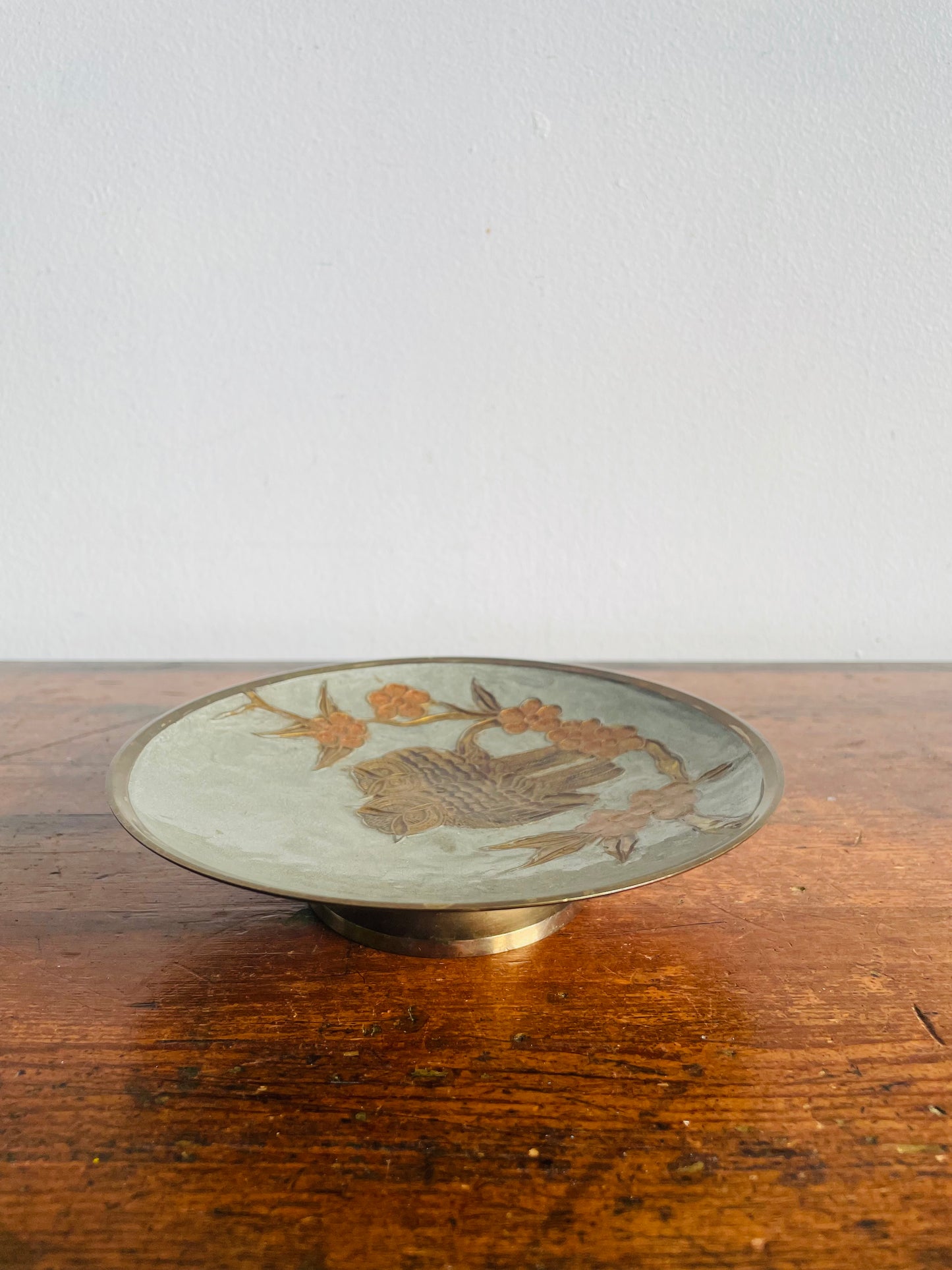 Vintage Enamelled Brass Footed Pedestal Bowl Dish with Pair of Owls Perched on Cherry Blossom Tree Branch Design