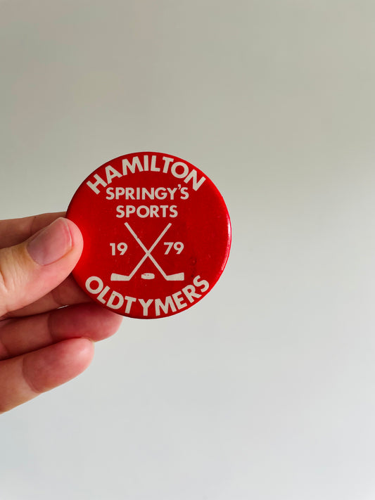 Vintage Metal Hockey Button Pin - Hamilton Oldtymers Springy's Sports 1979 - Red #1