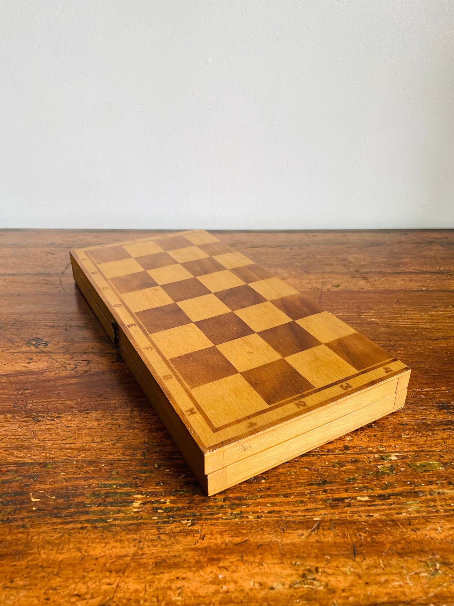 Vintage Hinged Folding Wood Chess Board Travel Case with Felt-Bottomed Wood Playing Pieces - Made in Poland