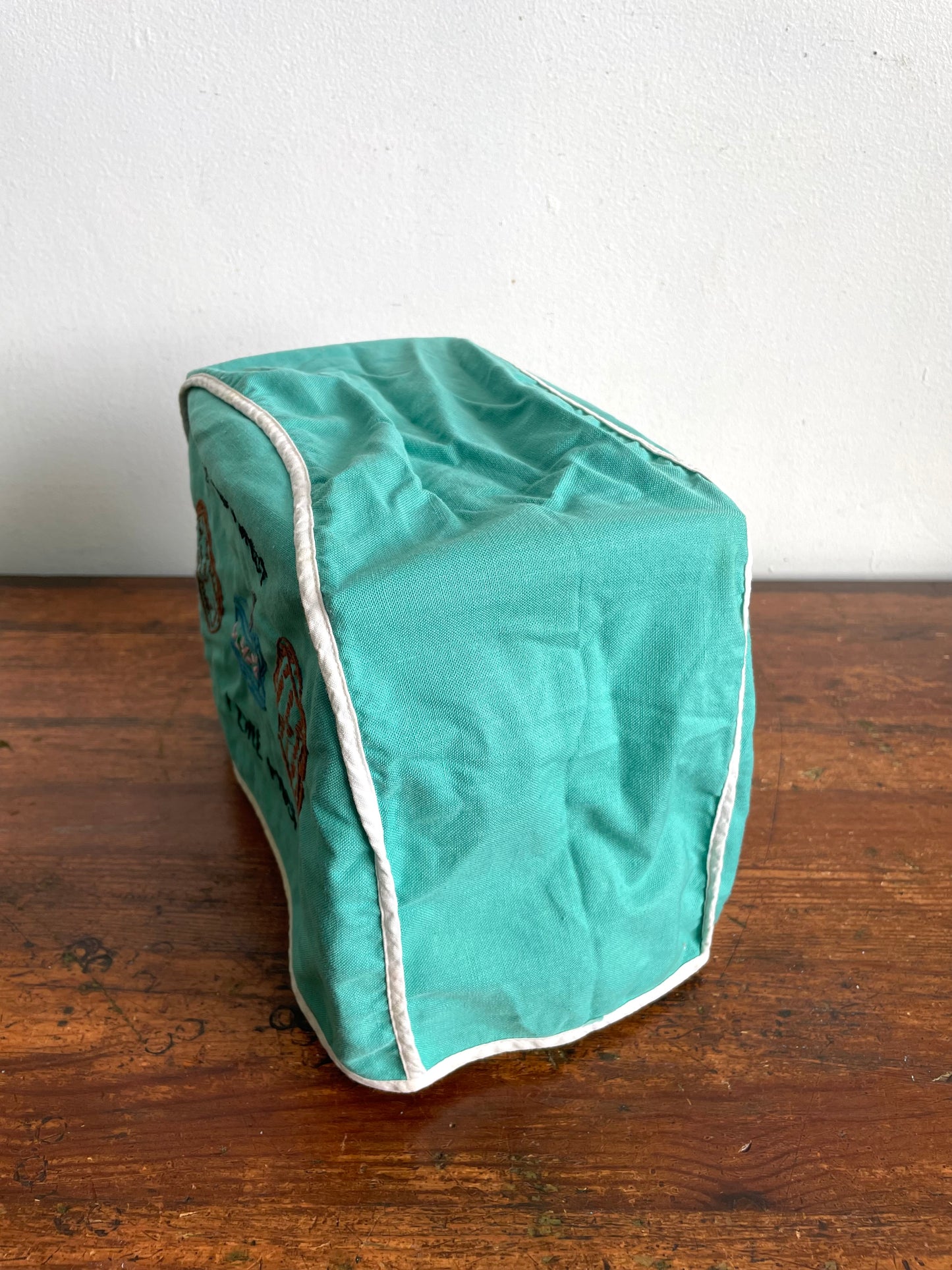 Vintage Handmade Needlepoint Embroidery Teal Green Toaster Cozy Cover with Adorable Graphics - Tea and Toast I Like Most