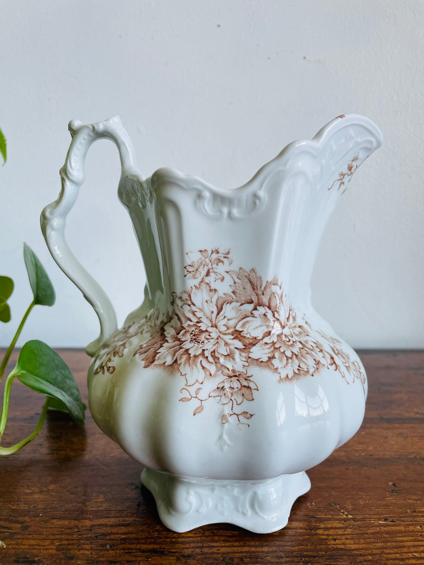 Vintage White & Brown Transferware Vase Pitcher with Ornate & Floral Pattern