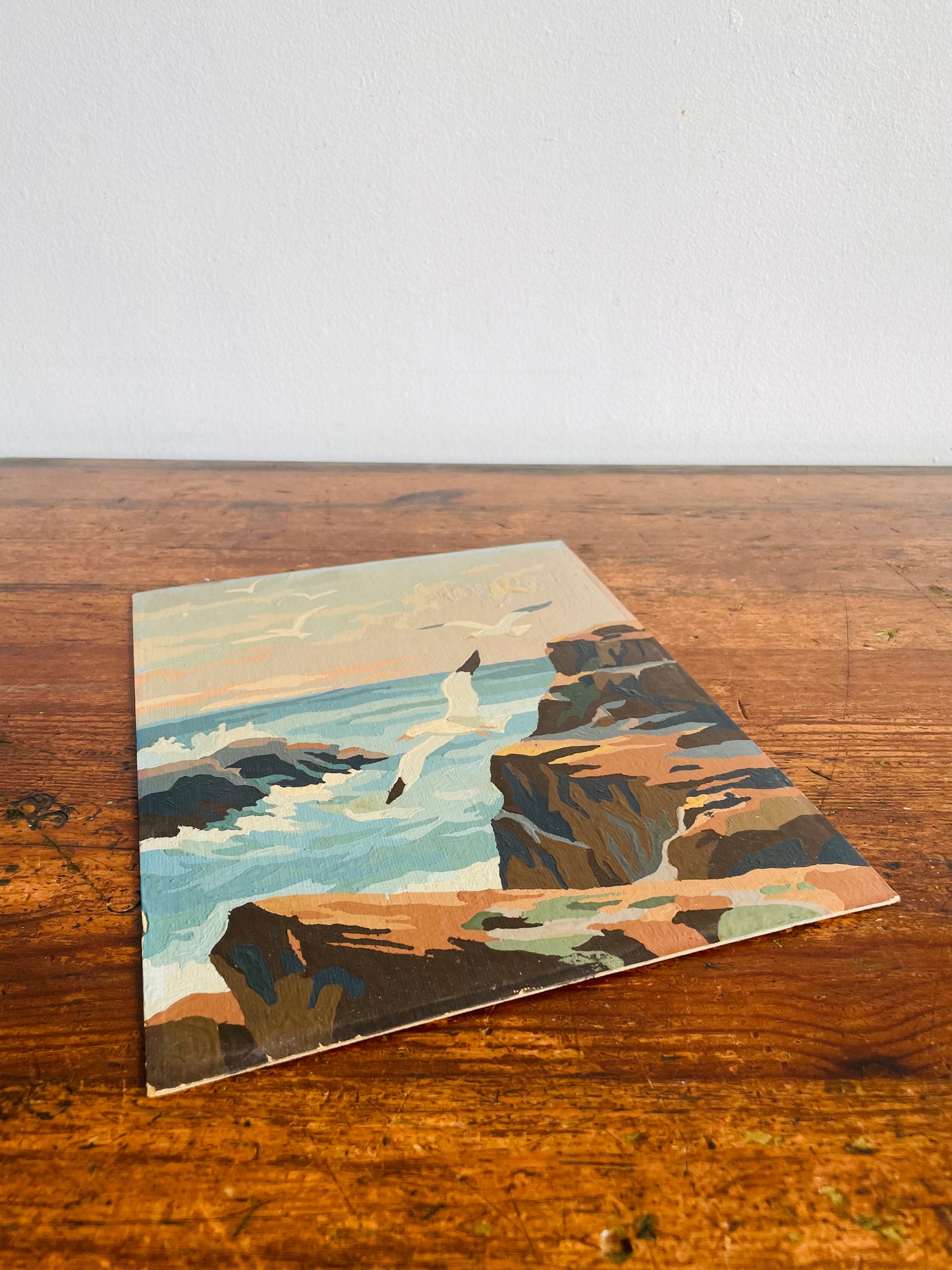 Vintage 1960s Paint by Number (PBN) Picture on Board of Seagulls in Flight over Cliffs & Crashing Waves- 8" x 10"