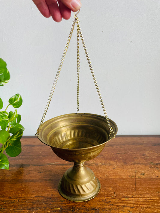 Vintage Brass Pedestal Dish Hanging Planter Pot - Can Stand or Hang from Chain