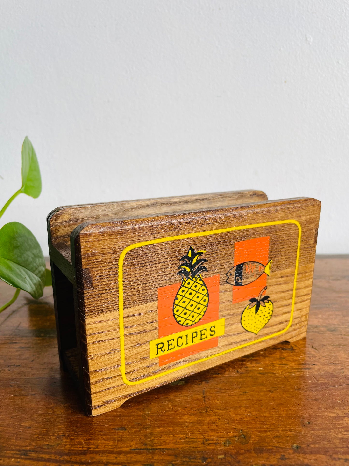 Vintage MCM Wood Recipe Card Holder with Bright Orange & Yellow Pineapple, Fish & Strawberry Graphics