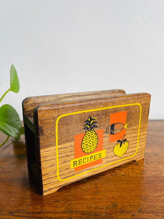 Vintage MCM Wood Recipe Card Holder with Bright Orange & Yellow Pineapple, Fish & Strawberry Graphics