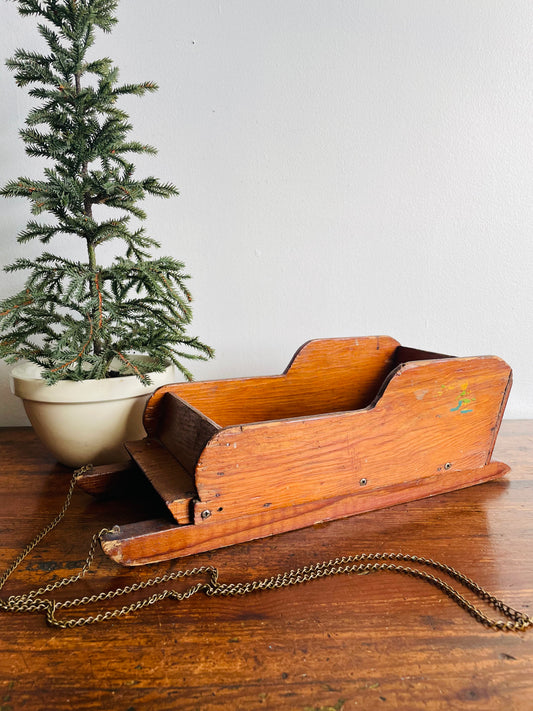 Adorable Doll Sized Wooden Sleigh with Brass Chain Rope - Makes a Great Centrepiece, Ornament Holder, Etc.!