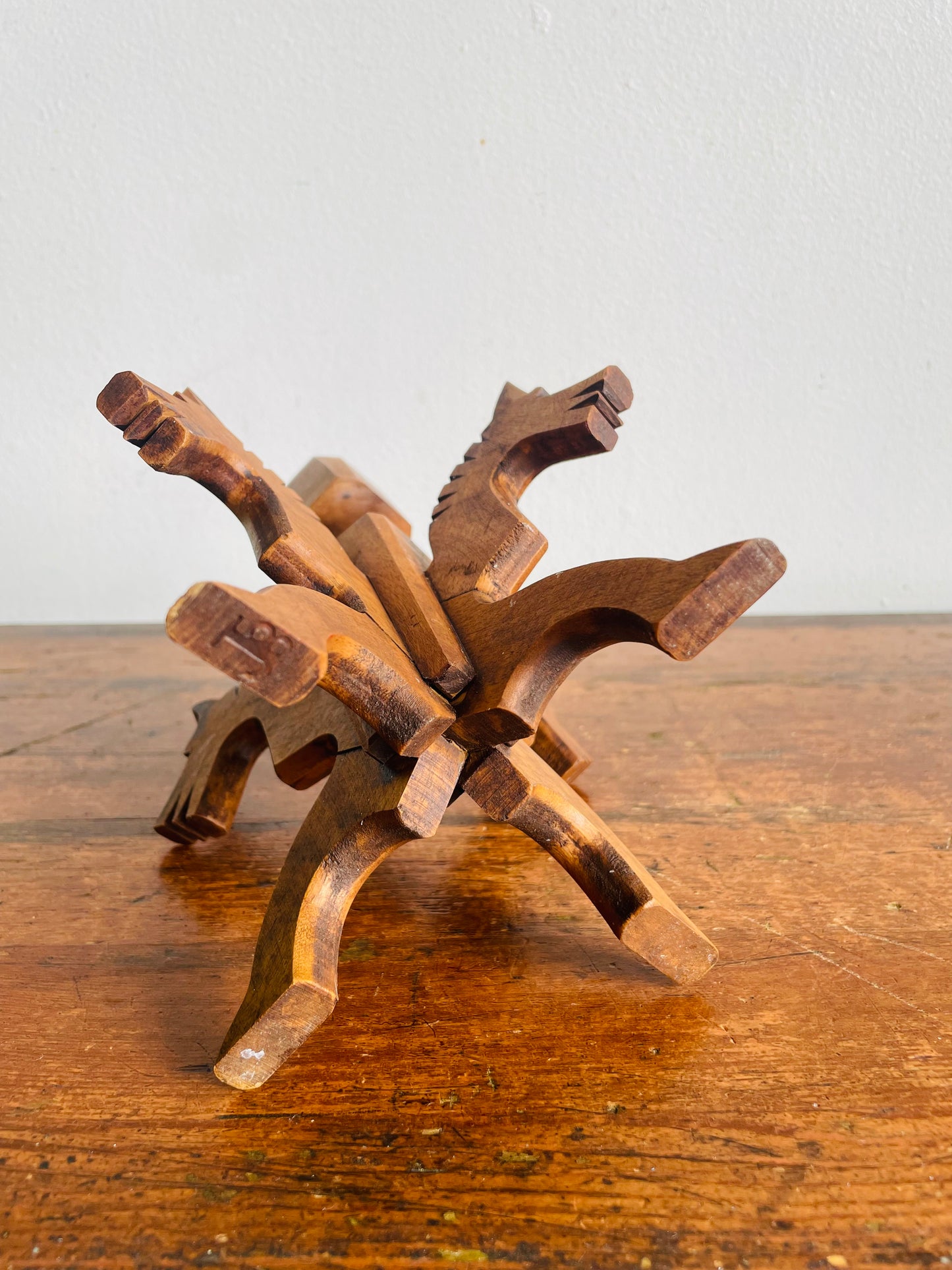 Vintage Swedish Odinstake Wood Candle Holder with Interlocking Puzzle Horse Figurines by Bertil Johansson - Sparlösa Sweden