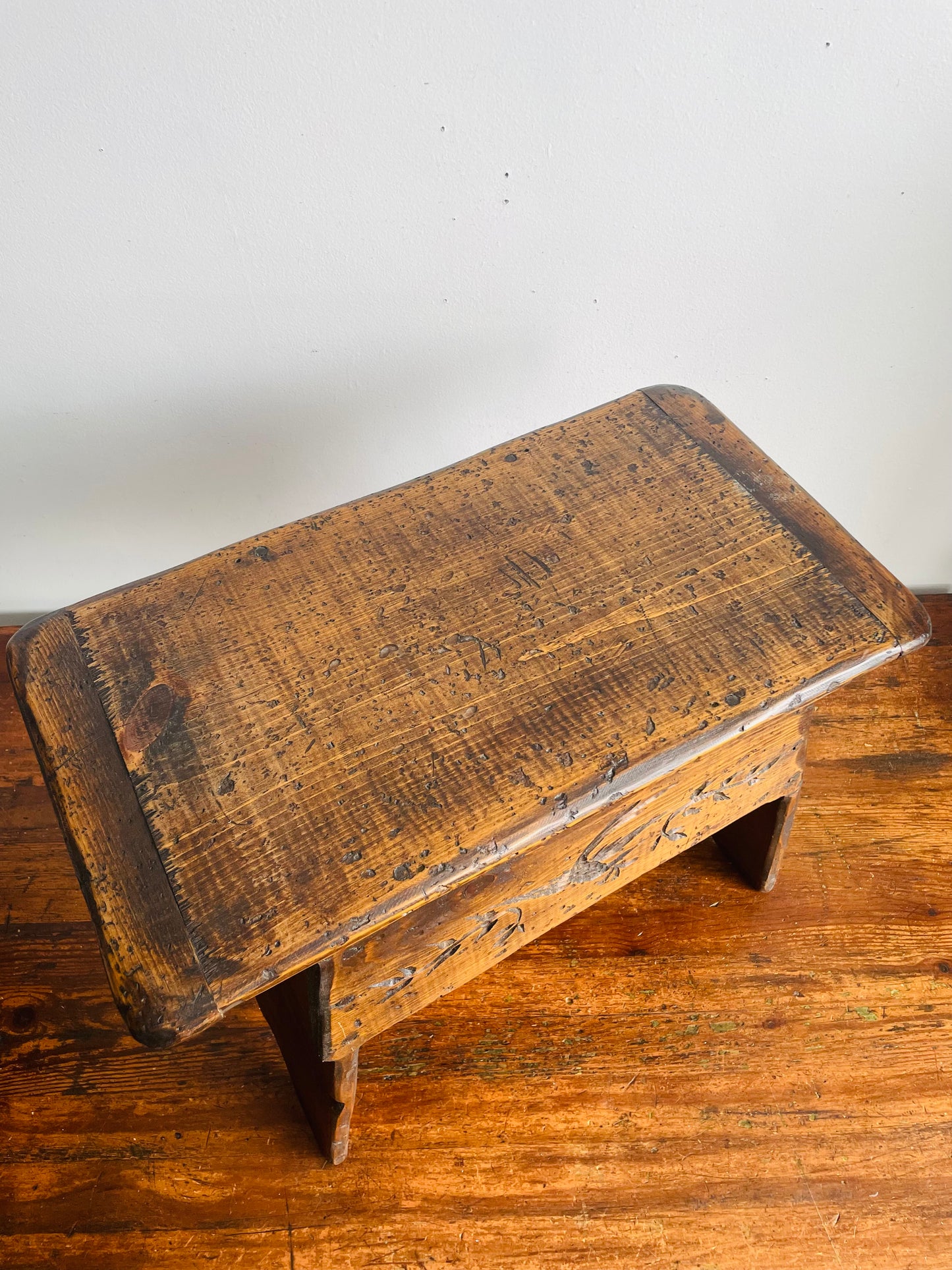 Vintage Wooden Stool Bench or Short Side Table with Carved Bird & Leaf Design - No Shipping