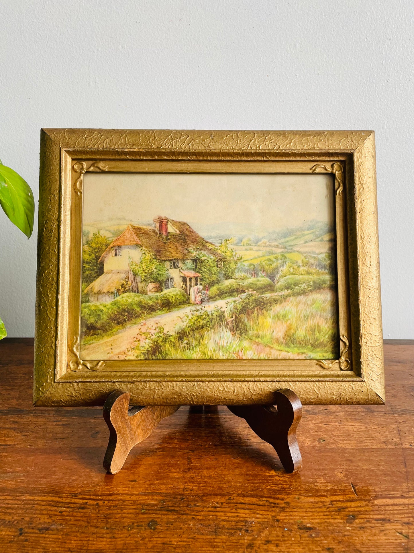 Framed Country Cottage Scene Print with Thatched Roof House, Woman & Child