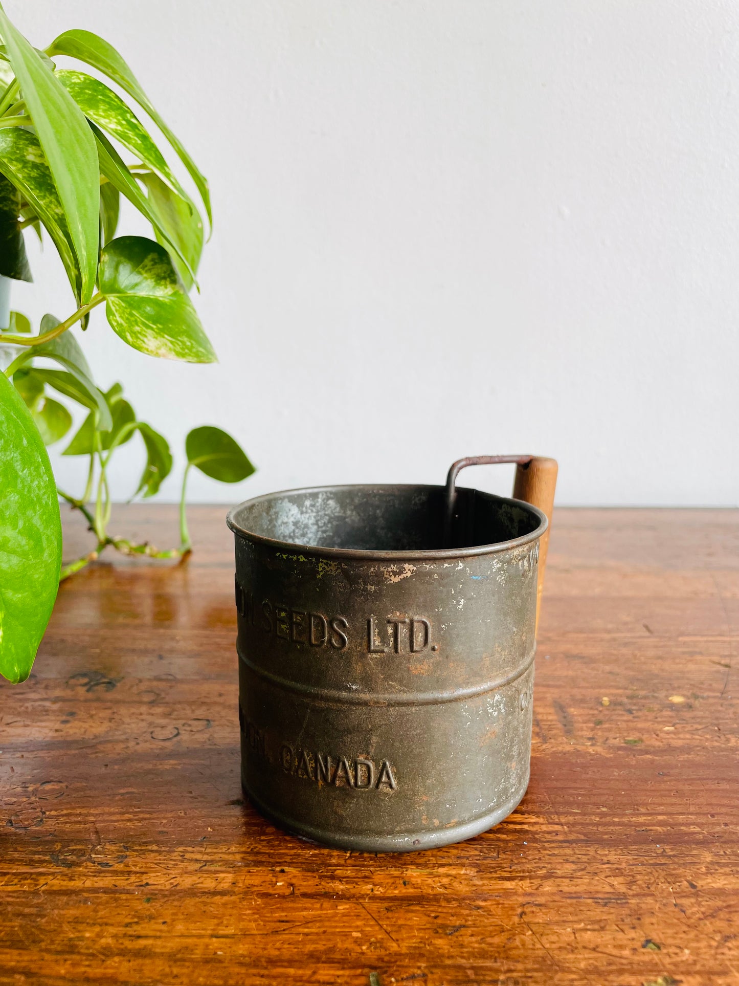 Dominion Seeds Ltd. London Canada 2 Cup Flour Sifter Cup with Wood Handle - Makes a Great Planter!