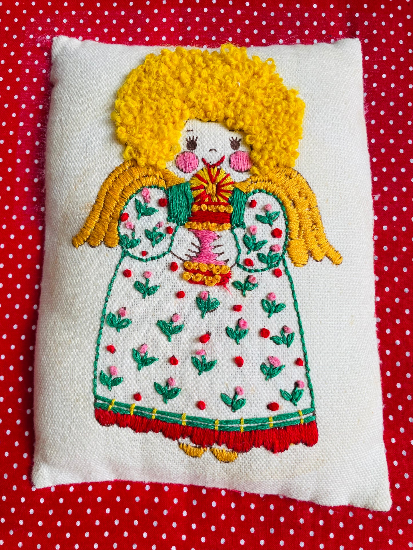 Vintage Adorable Crewel Embroidery Stuffed Fabric Picture of Little Girl Christmas Angel