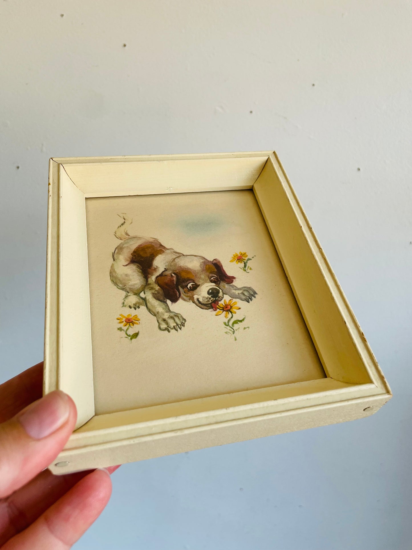 Vintage Adorable & Sweet Puppy Dog Print Pictures in Cream Frames - Set of 2