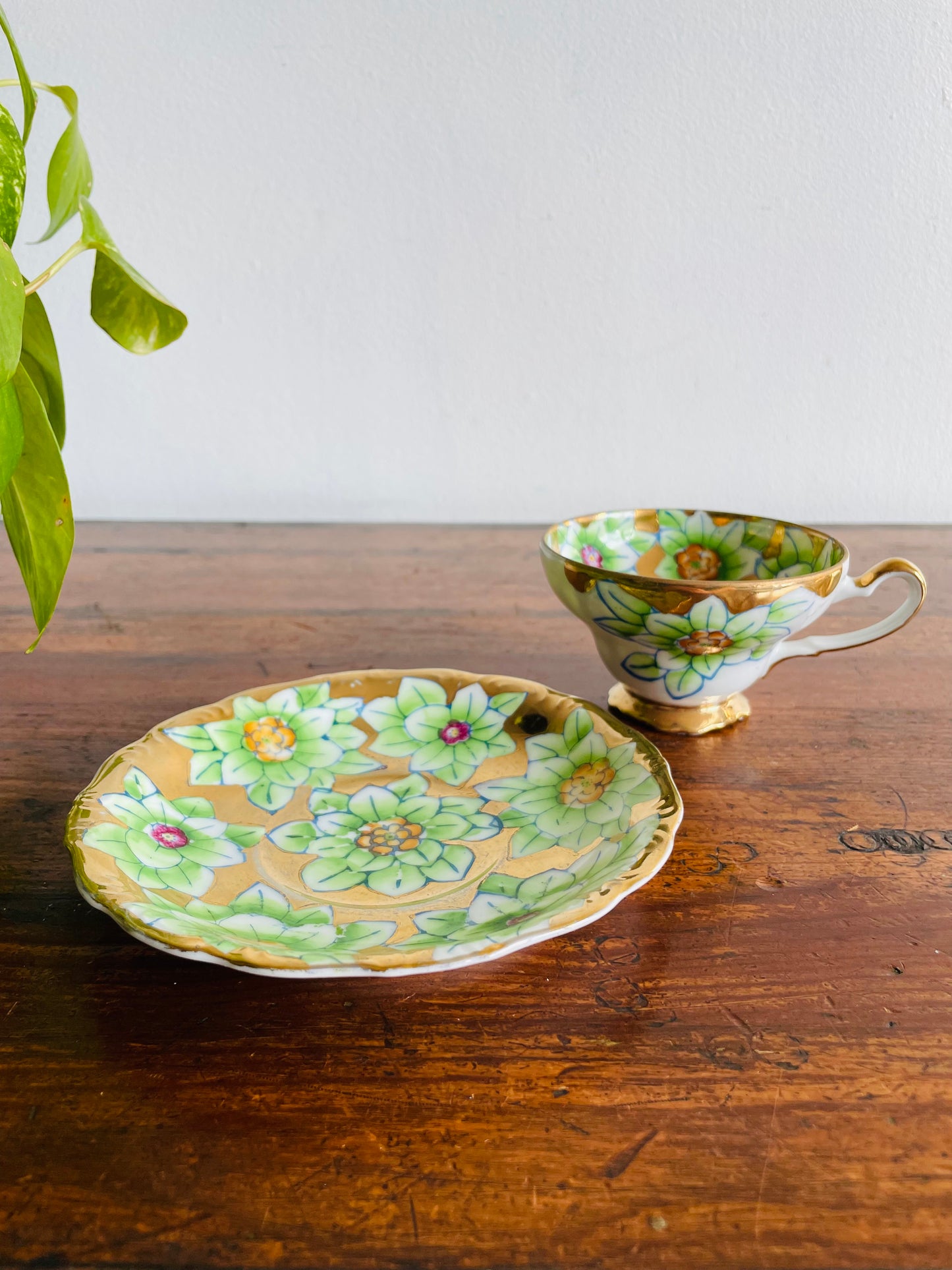 1940s Trimont China Hand Painted Gold & Flower Teacup & Saucer - Made in Occupied Japan