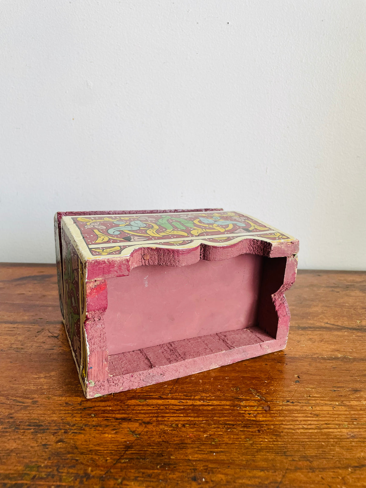 Vintage Moroccan Hand-Painted Wood Jewellery Trinket Treasure Chest Box with Hinged Lid & Colourful Bright Folk Art Design