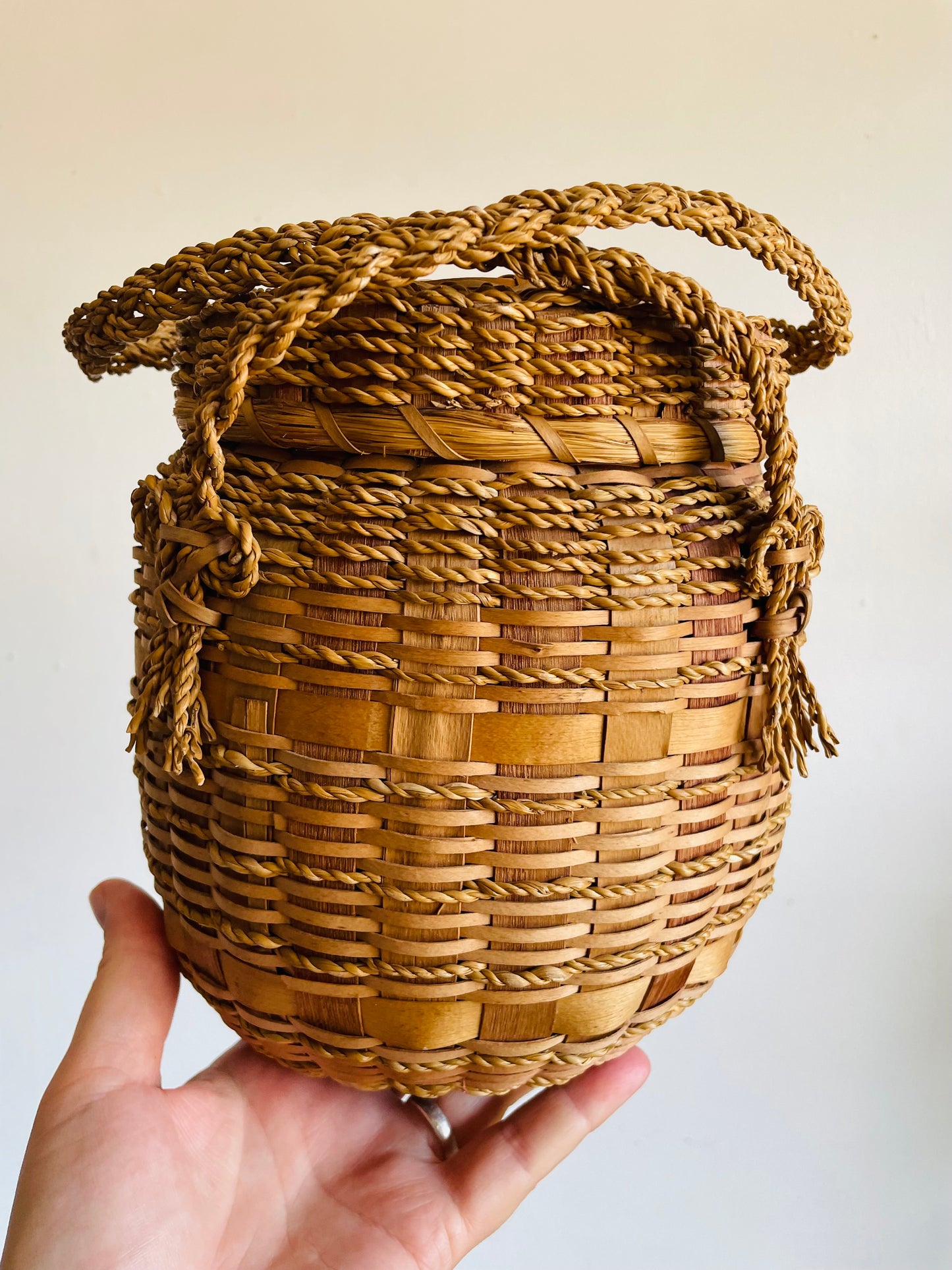 Vintage Indigenous Woven Ash Wood & Sweet Grass Yarn Holding Basket with Braided Handles & Lid - Hole in Lid to Pull Yarn Through