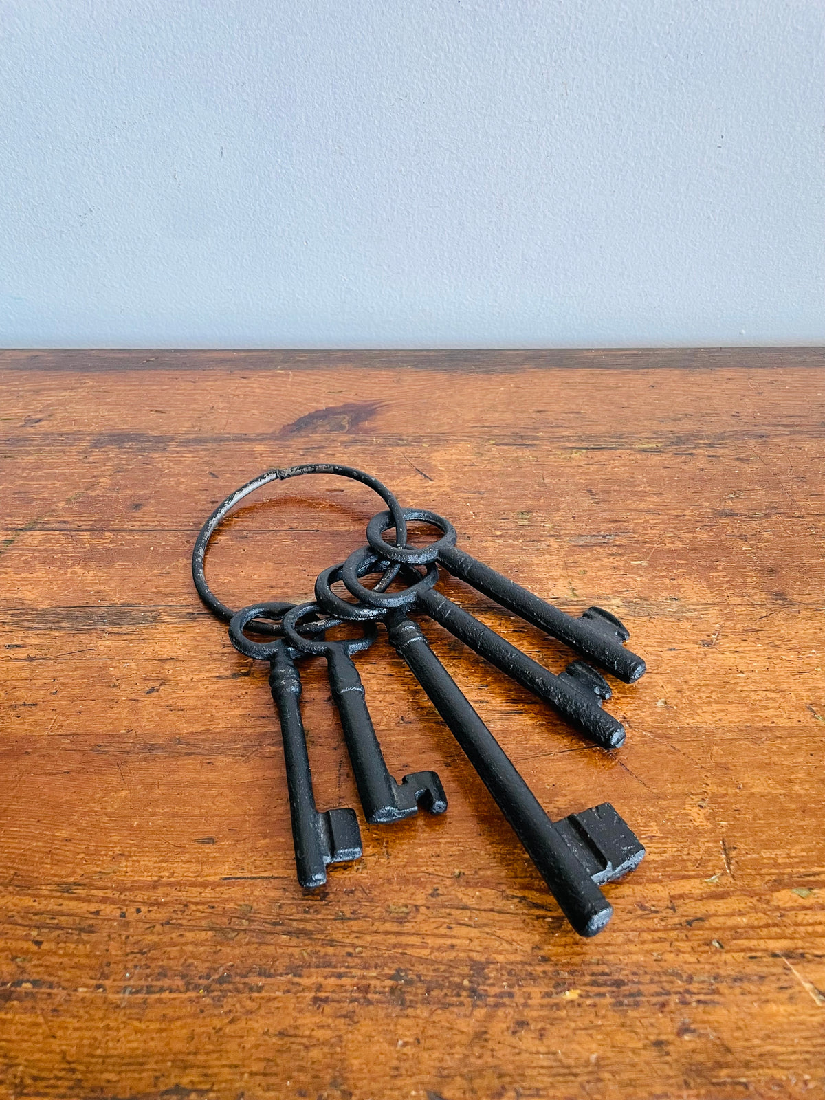 Vintage Black Cast Iron Oversized Ring of Five Skeleton Keys
