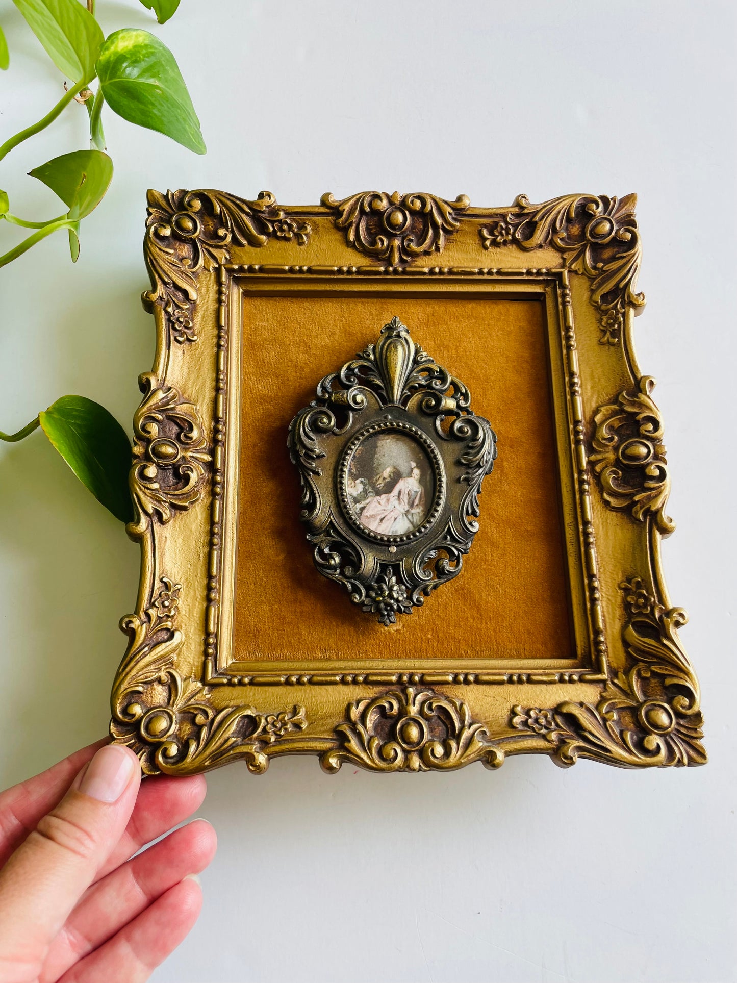 Vintage Ornate Gold, Brass & Mustard Yellow Felt Picture with Print Picture of Baroque Style Women in Dresses