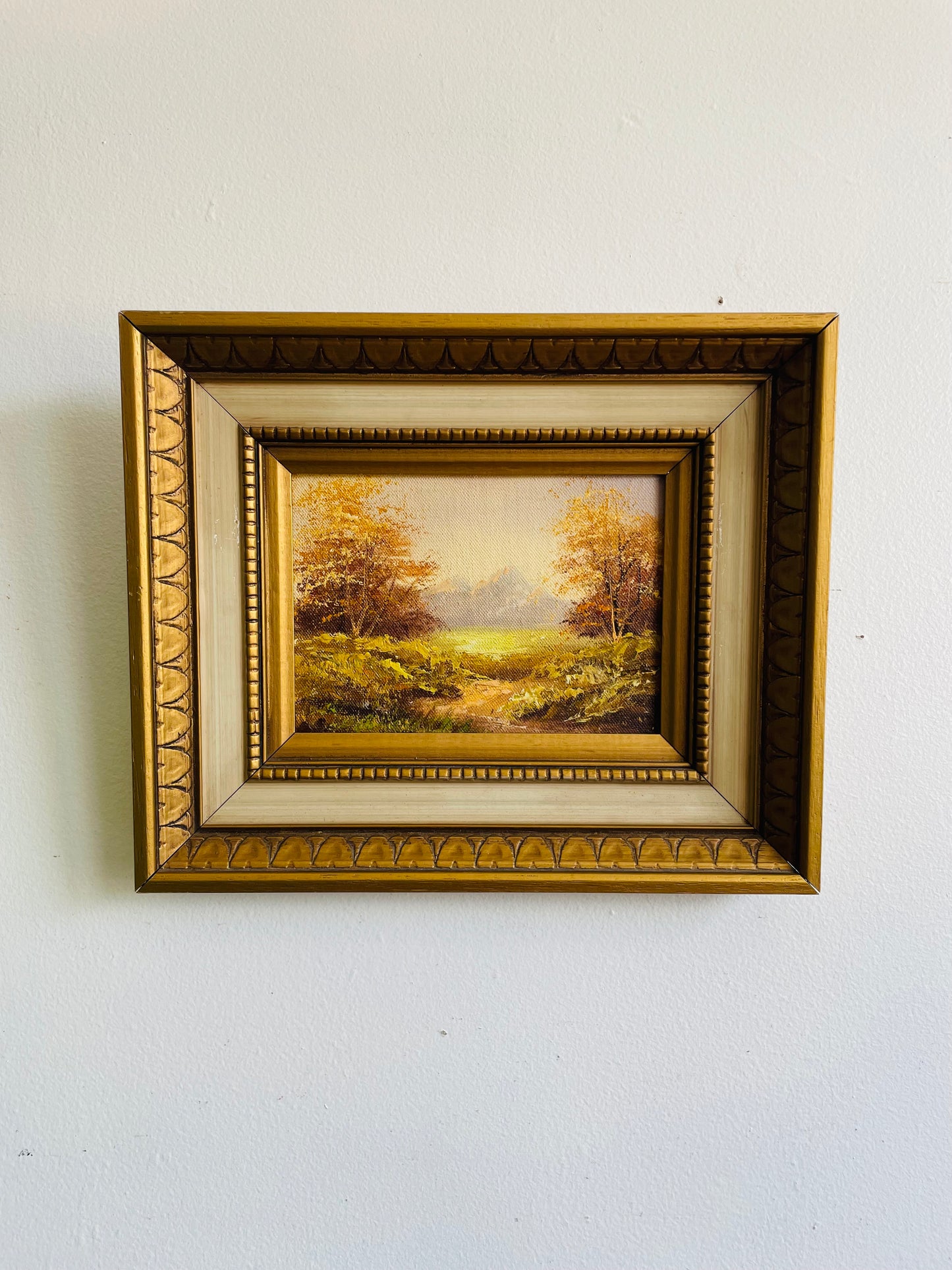 Original Art Painting of Landscape Scene in Gold & Cream Wood Frame