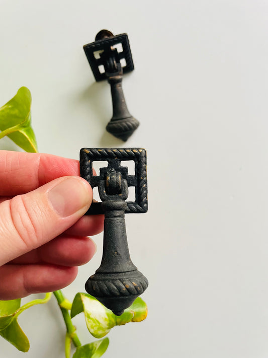 Antique Black Painted Brass Drawer Pull Handles - Set of 2 - As Found