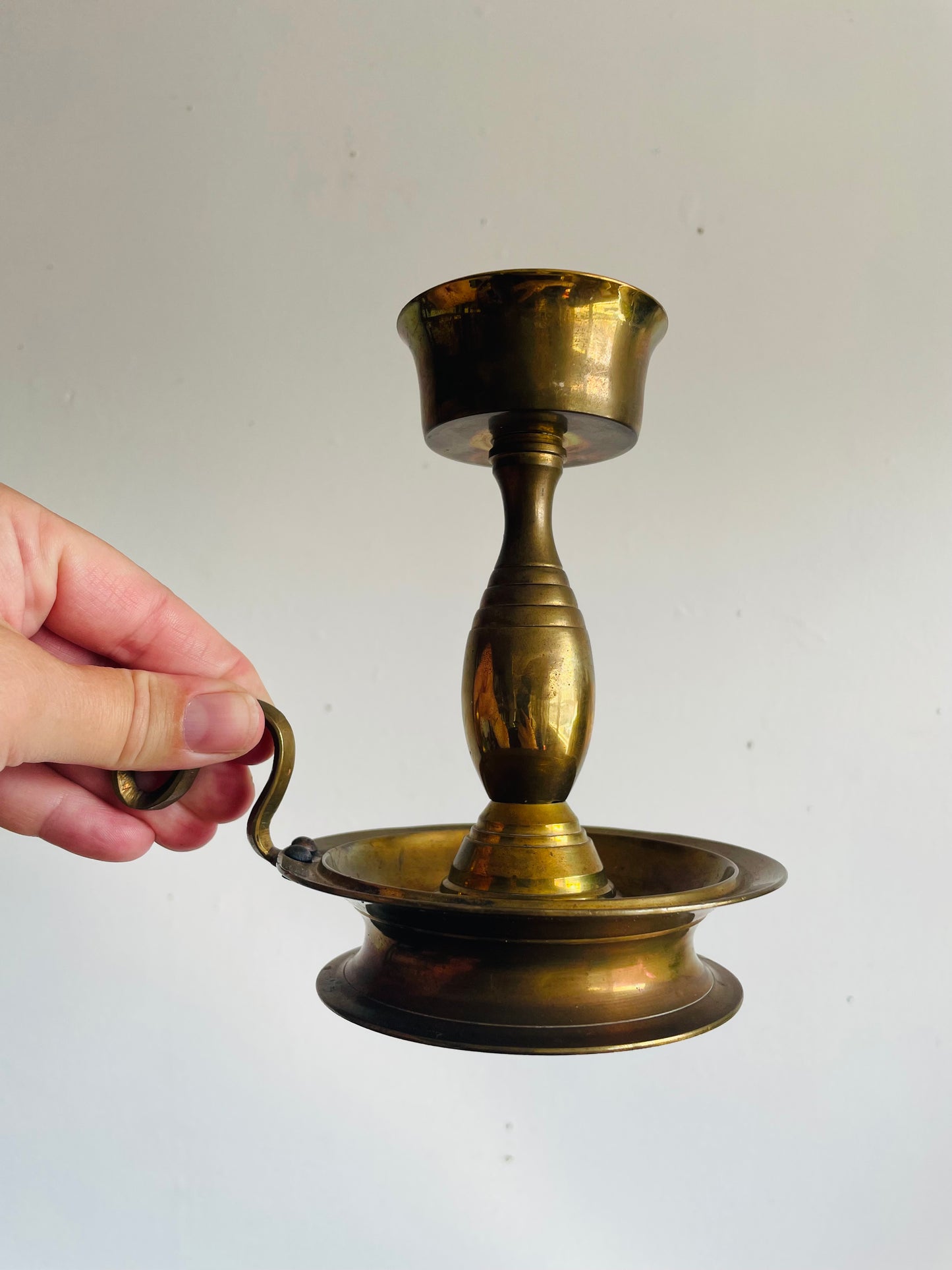 Vintage H Solid Brass Handmade Chamberstick Candle Holder with Spike - Can Hold Thicker Tapers - Made in India