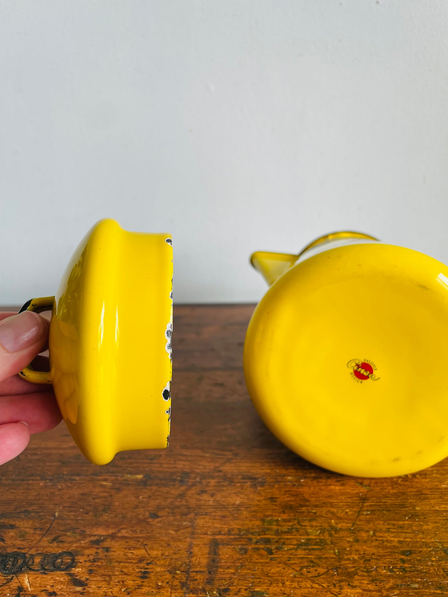 Vintage Bright Yellow Cinsa Enamel Coffee Pot Carafe Pitcher with Colourful Folk Art Bird & Flower Design - Made in Saltillo Mexico