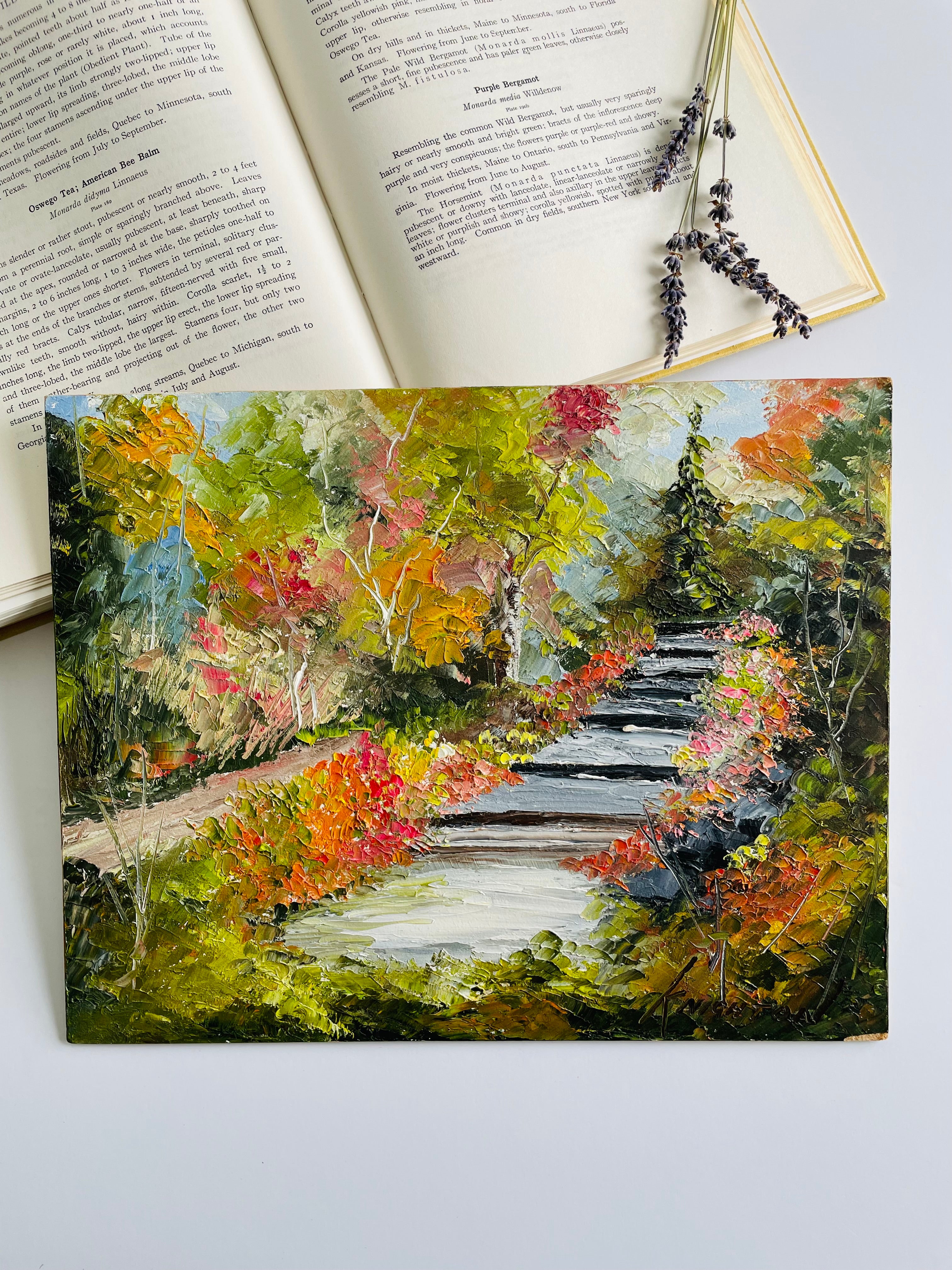 SIGNED Original Art Oil Painting on Masonite Board by Canadian Grimsby Artist James Knighton Vibrant Flowers Along Garden Path