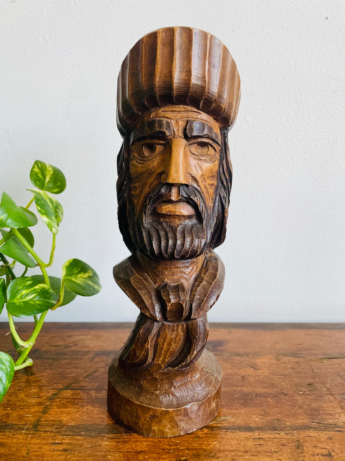 Vintage Hand Carved Wood Folk Art Bust Statue of Man - Artist Signed by J. Castelano