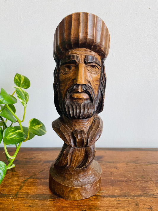 Vintage Hand Carved Wood Folk Art Bust Statue of Man - Artist Signed by J. Castelano