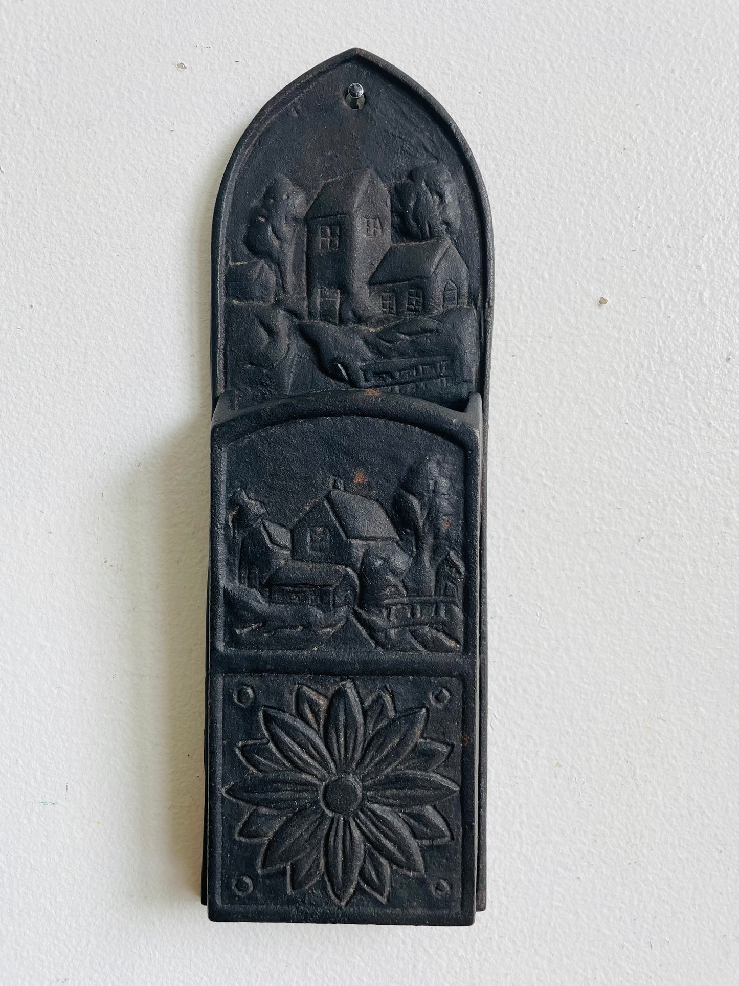 Vintage Cast Iron Wall Pocket Hanging Match Safe Holder with Flower, Barn & House Design