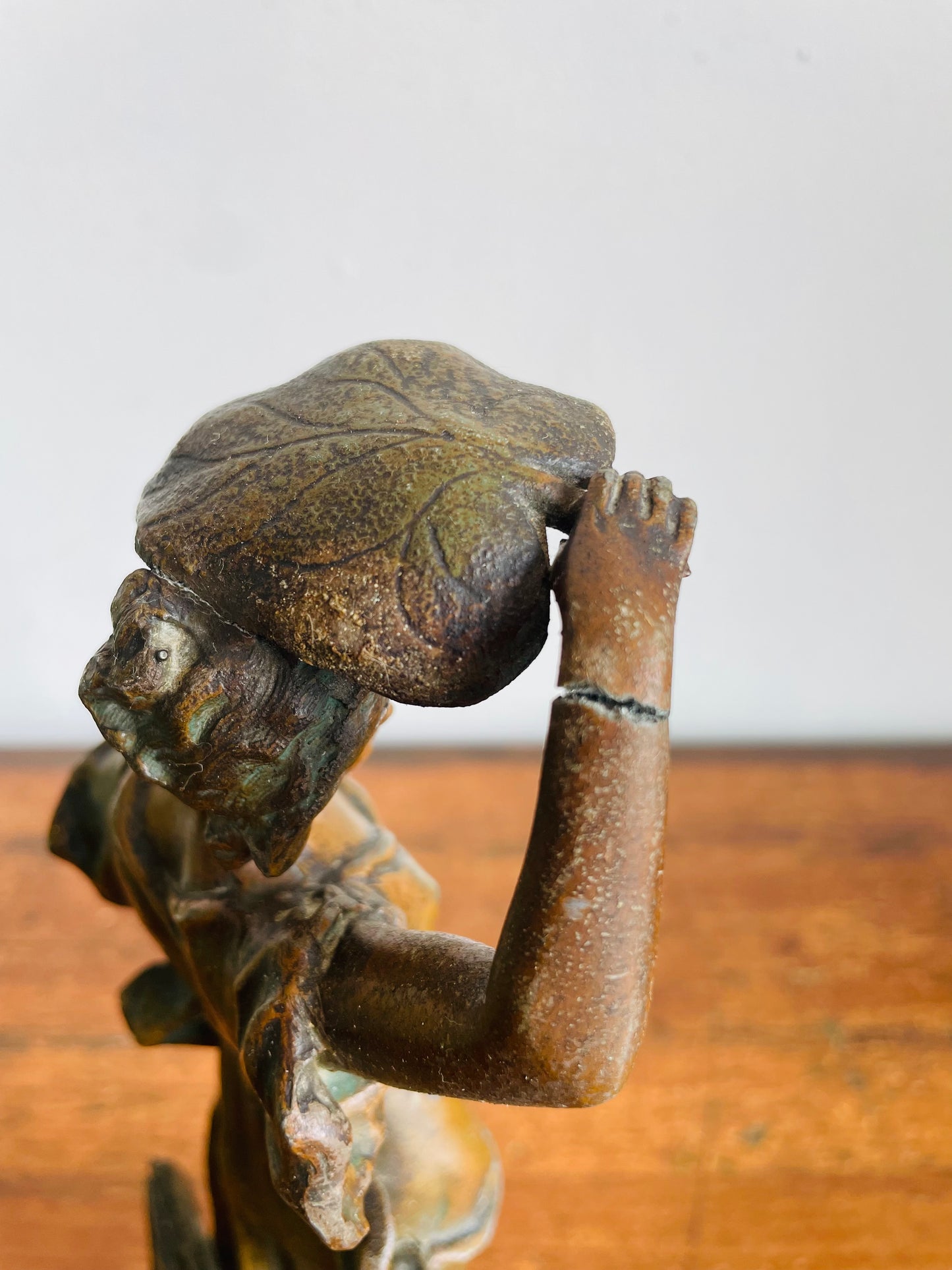 Vintage Art Nouveau Spelter Zinc Sculpture Statue with Bronze Patina - Playful Woman in Dress Frolicking with Leaf - Auguste Moreau Style - Please Read Note