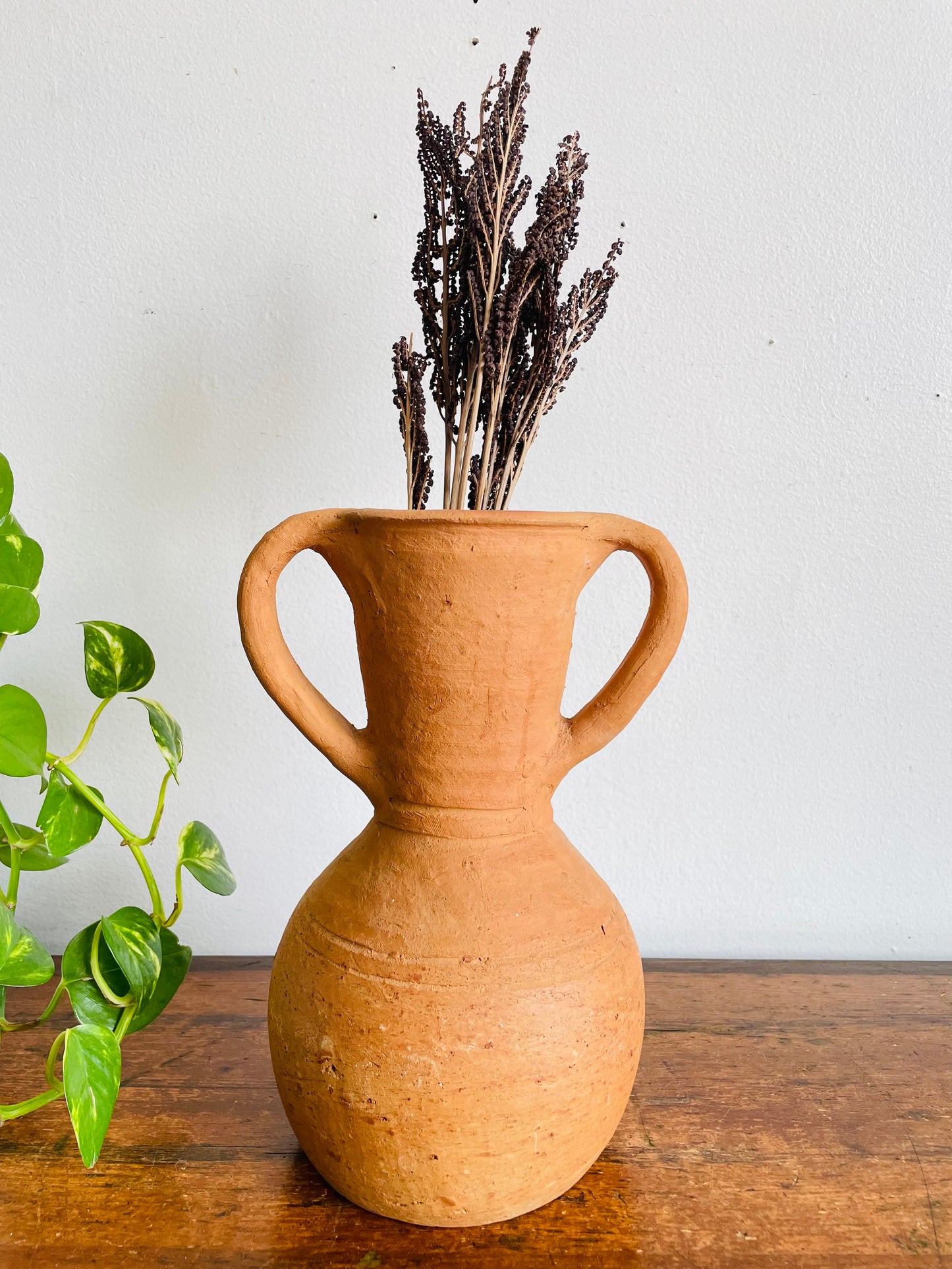 Vintage Rustic Earthenware Terracotta Clay Pitcher Jug Amphora Vase with Two Handles