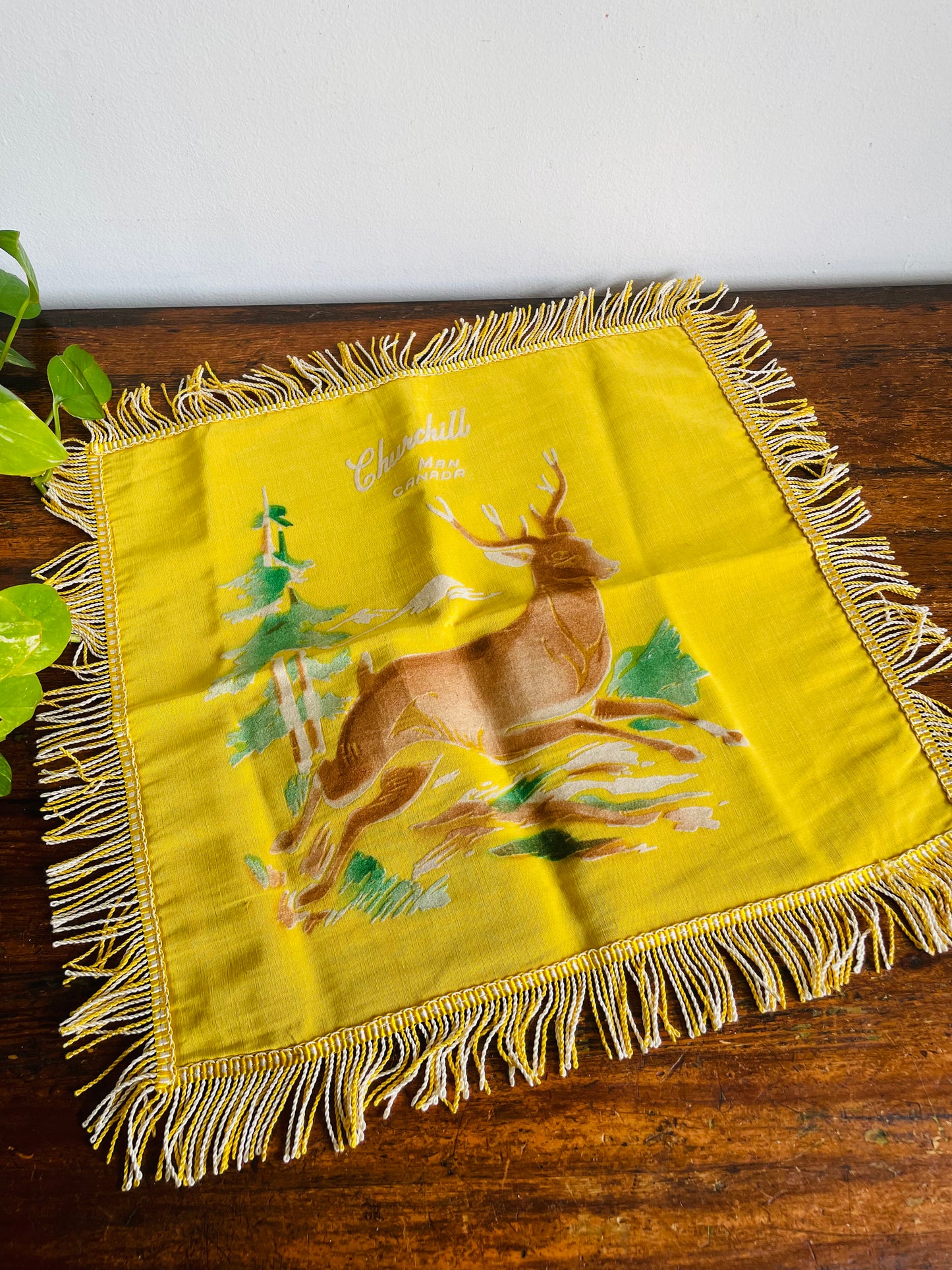 Vintage 1940s WW2 Churchill Manitoba Canada Navy Blue & Yellow Souvenir Throw Pillow Cushion Cover with Velvet Deer in Forest Design & Fringe - Pillowcase Only