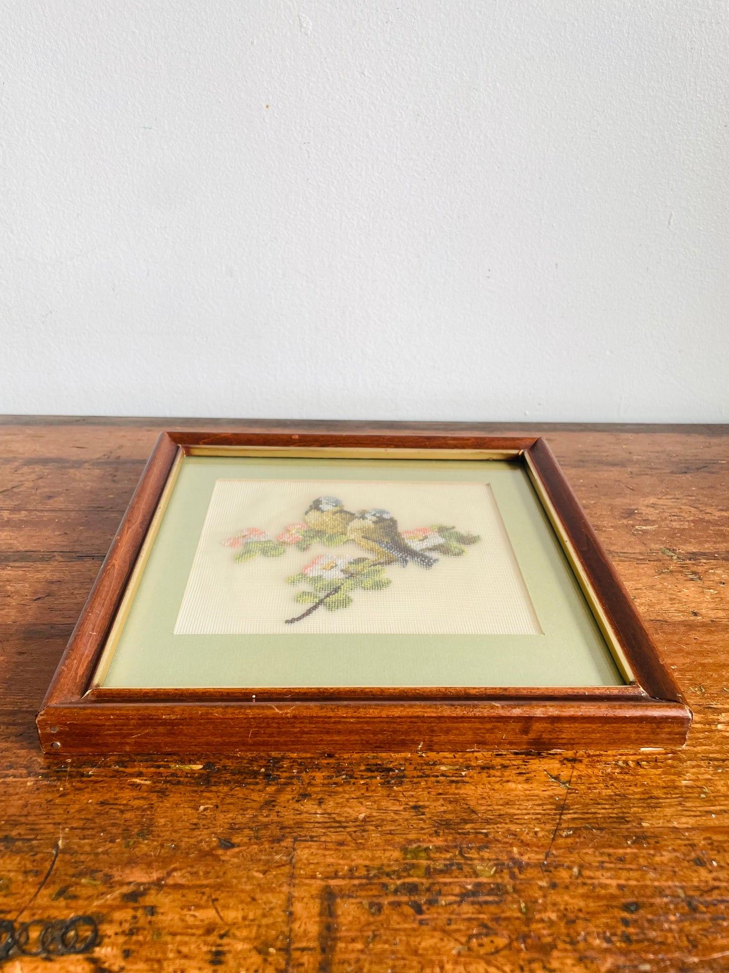 Vintage Petit Point Embroidery Picture of Two Birds on Branch with Flower Blossoms & Sage Green Mat