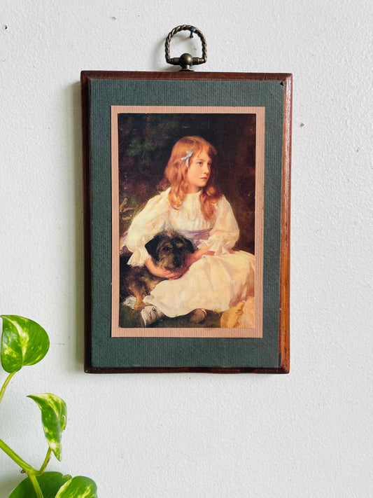 Vintage Wood Plaque Print Picture - Girl with Pet Dog in Landscape Setting - "Heather" by William Robert Symonds