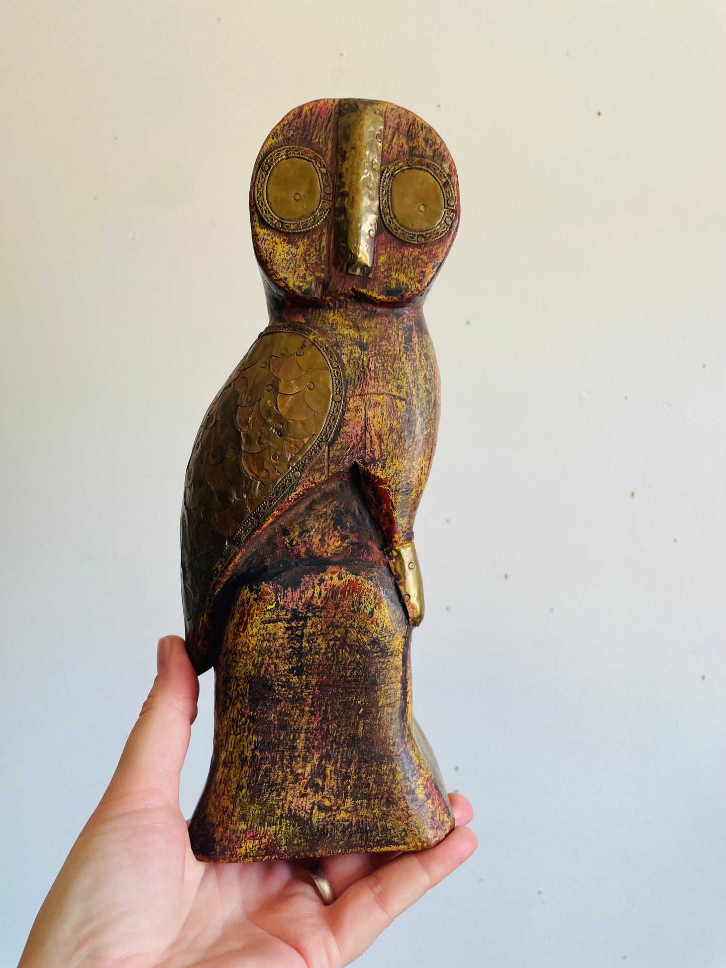 Vintage Solid Wood Carved Owl Sculpture With Hammered Brass & Copper Details