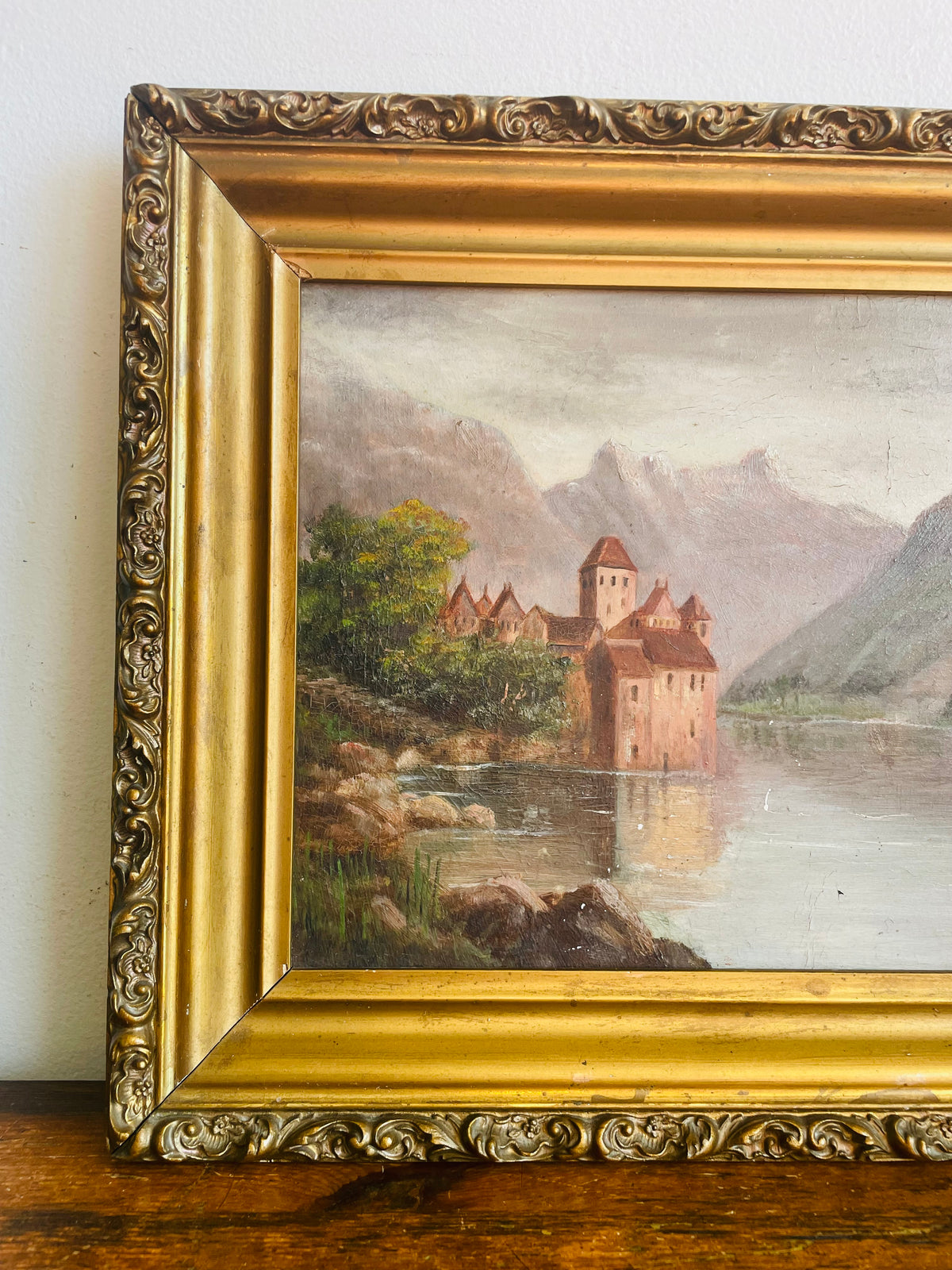 Vintage Original Art Painting Picture in Ornate Gold Frame - Chillon Castle, Switzerland On Lake Geneva with Dents du Midi Alps Mountain Range in Background