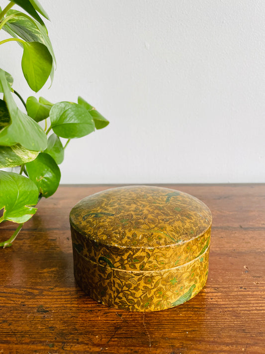 Round Paper Mache Trinket Box with Lid & Beautiful Leaf, Flower, & Bird Design