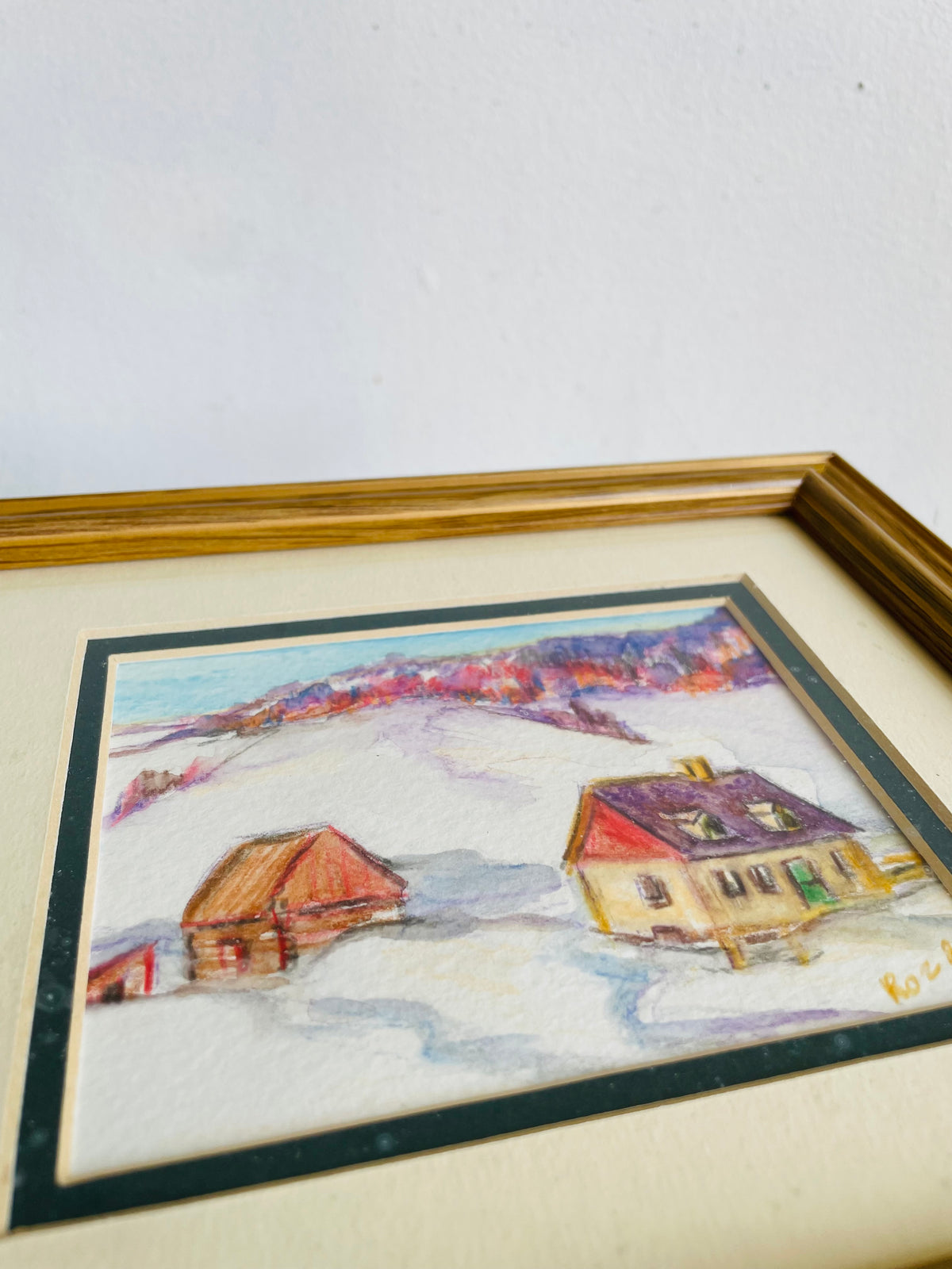 Vintage 2000 Original Art Watercolour Painting of Winter Forest & Houses in Snow Scene - Artist Signed Roz