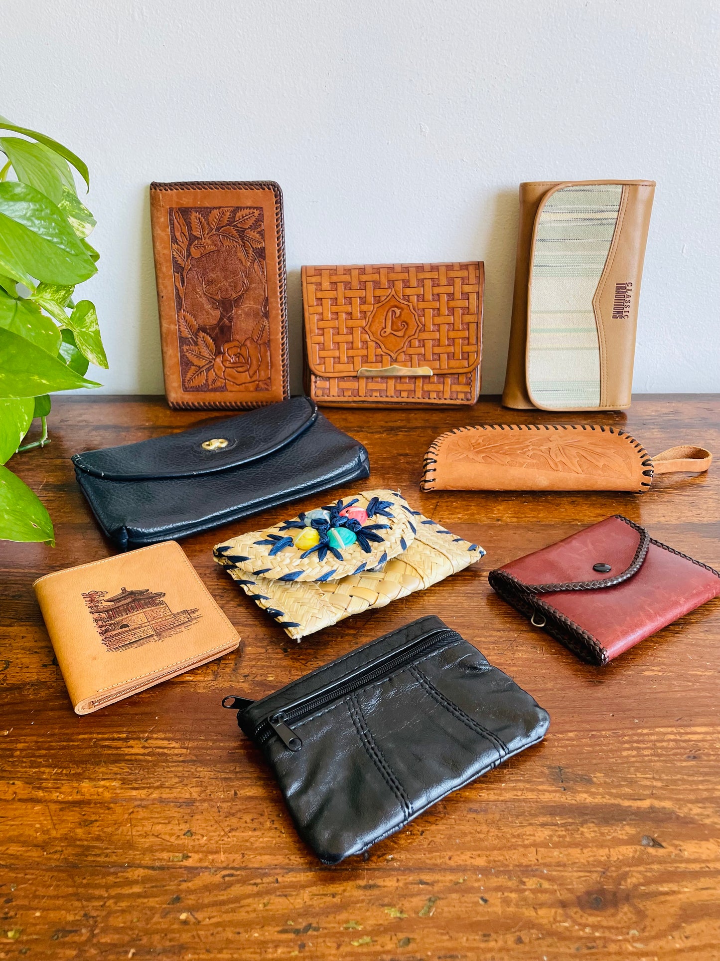 Tooled Leather Zippered Pouch Case with Leaf Design