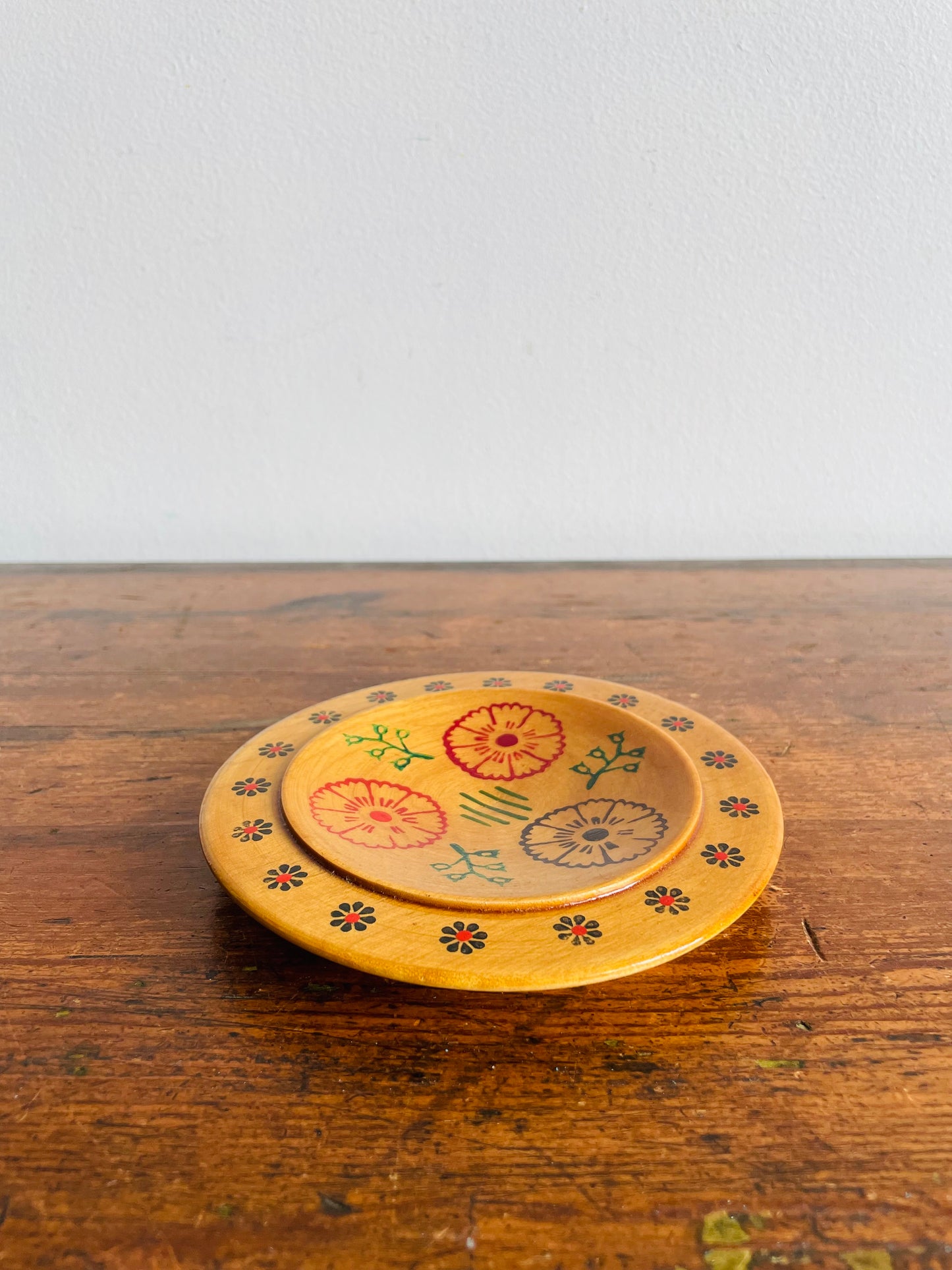 Wooden Russian Folk Art Trinket Dish Plate with Stamped Flower Design