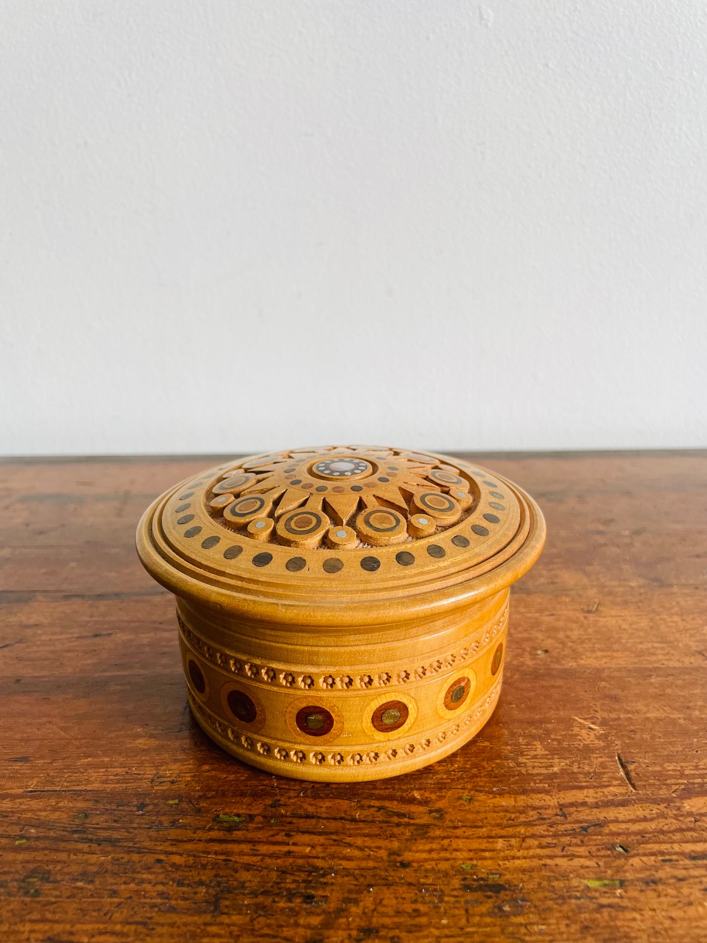 Eastern European Intricately Carved Wood Trinket Box with Lid