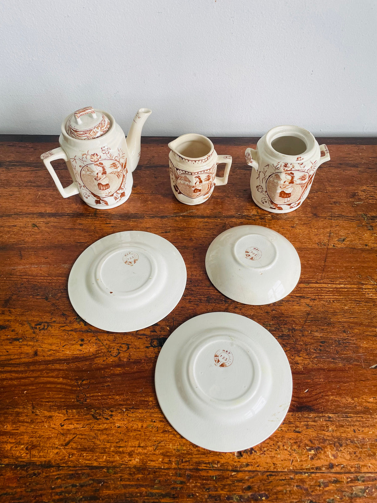 Antique Late Victorian 1880-1890 "Little May / Mae" Pattern 753 Sepia Brown Transferware Children's Toy Tea Set - Charles Allerton & Sons England - Plates, Bowl, Creamer, Biscuit Jar & Teapot - Set of 6 Pieces