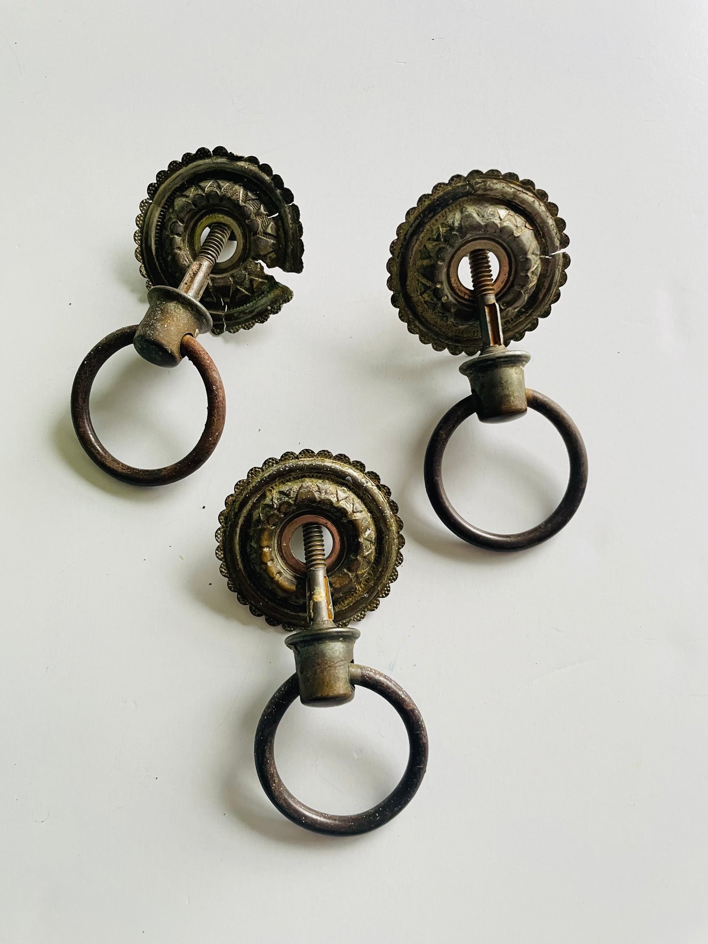 Antique Victorian Tin & Brass Drawer Pull Ring Handles - Set of 3 - As Found