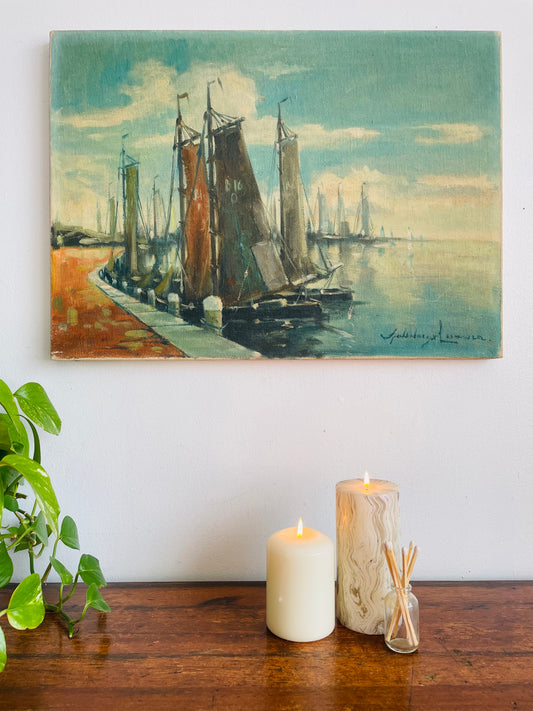 Vintage Original Art Nautical Painting of Ships in Harbour