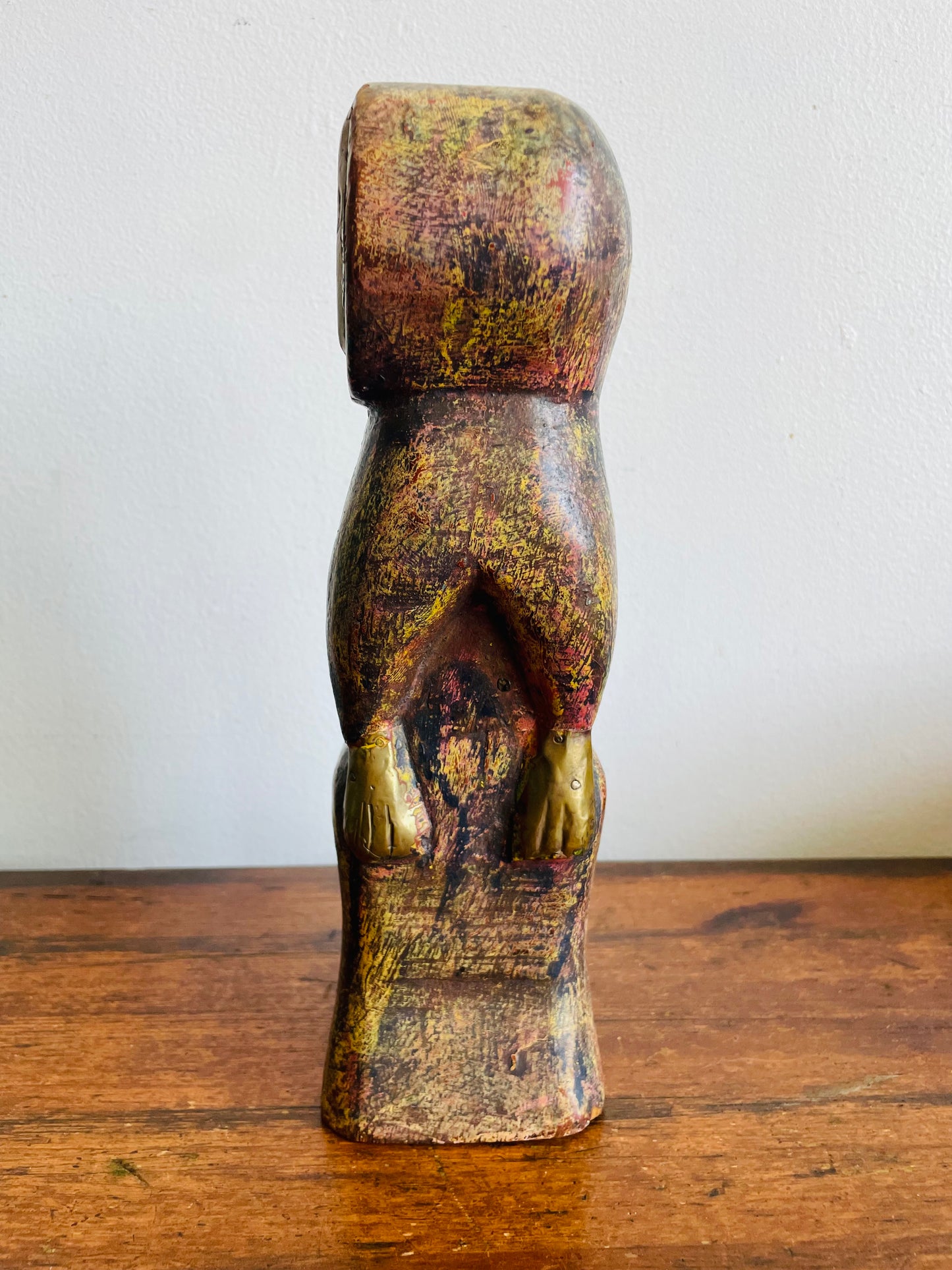 Vintage Solid Wood Carved Owl Sculpture With Hammered Brass & Copper Details