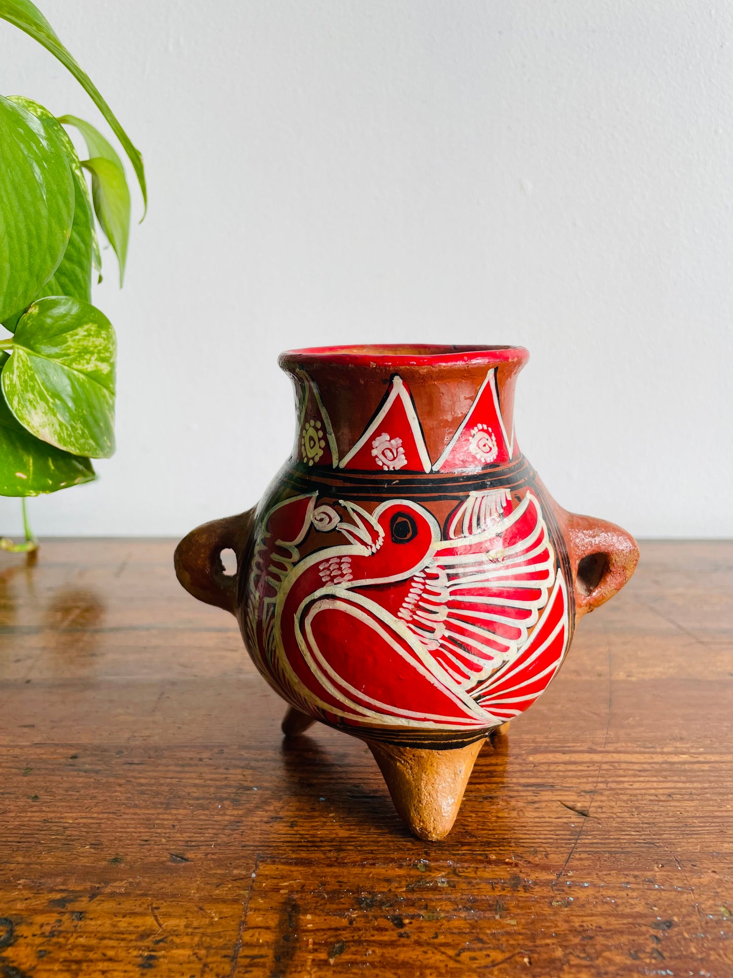 Mexican Folk Art Pottery Footed Vase Vessel with Handles & Bird Design