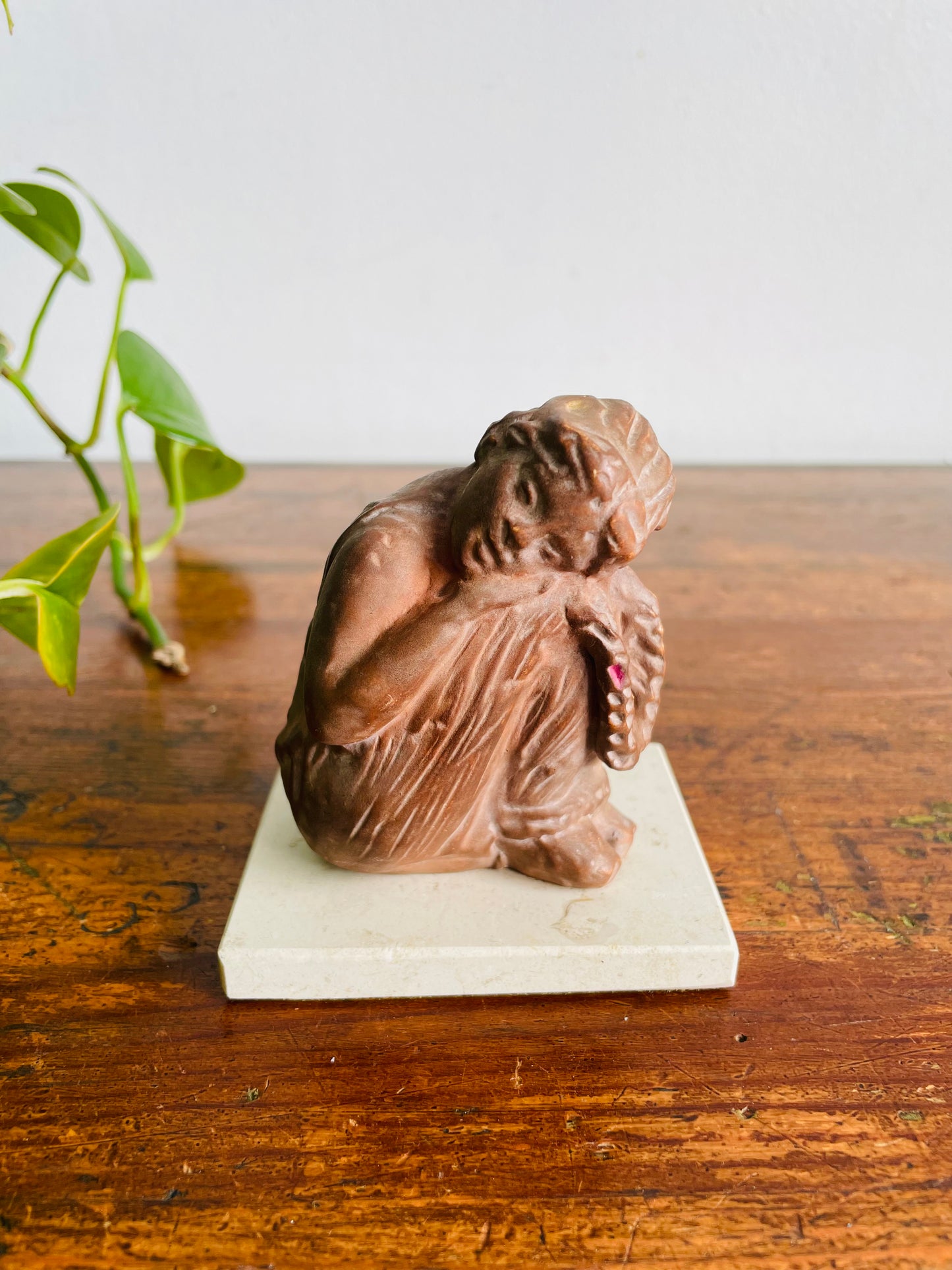 Vintage Tanagra Terracotta Clay Sculpture of Little Sleeping Girl - Greek Statuette - Hand-Patinated Reproduction from Mold Made from Impression of Original Exhibited at the Louvre