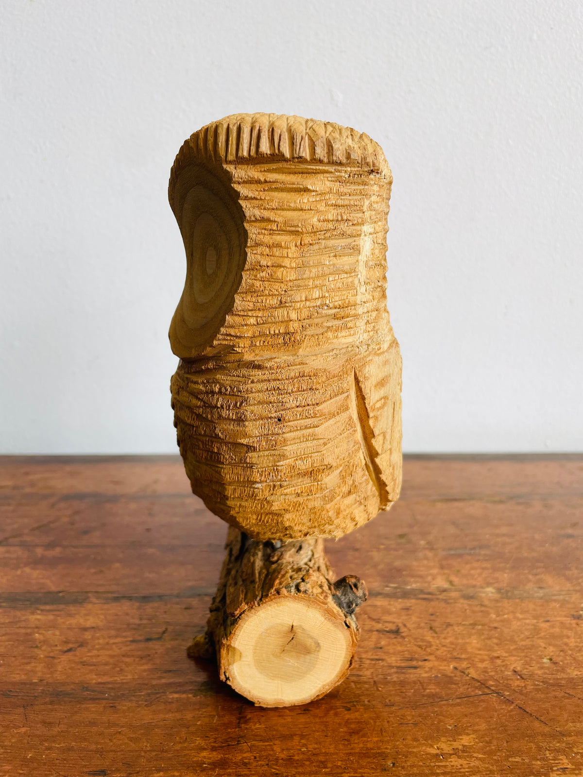 Vintage Hand-Carved Wood Owl Bird on Natural Branch Base - Signed by Canadian Woodcarving Artist Norman Peterson - Made in Canada