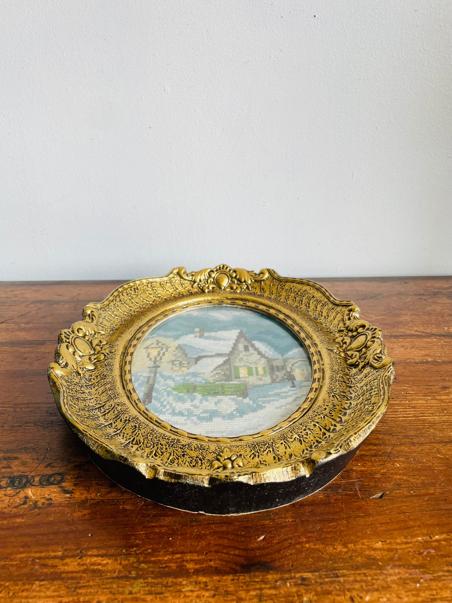 Needlepoint Embroidery Picture of Winter Night & House Scene in Ornate Gold Frame